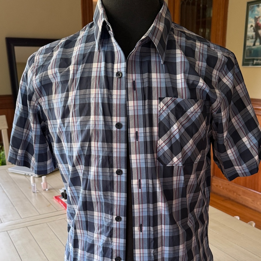 Travis Mathew Navy and White Plaid Button Down Shirt